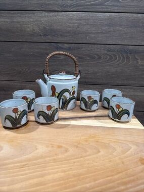 VTG Hand-Painted Stoneware Tea Set Made in Japan/ Green and Brown Floral Accents